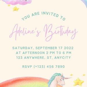 Rainbow Unicorn Customizable  Invitation Digital Download