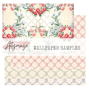 May include: Four digital wallpaper samples featuring floral and geometric patterns. The top sample features a white background with a grid pattern and pink and blue flowers. The second sample features a white background with a pink and white floral pattern. The third sample features a white background with a green and white geometric pattern. The fourth sample features a white background with a blue and white geometric pattern. The text "Artymaze WALLPAPER SAMPLES DIGITAL DESIGN" is displayed at the top of the image.