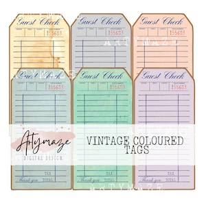May include: A collection of vintage-style guest check tags in various pastel colors, including peach, green, and blue. Each tag features the text "Guest Check" and a check number. The words "Vintage Coloured Tags" are also visible.