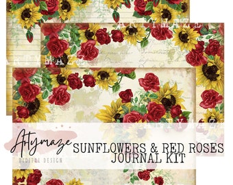 SUNFLOWER & ROSES  Printable journal, (20231), Junk journal kit, vintage, digital download, ephemera, artymaze