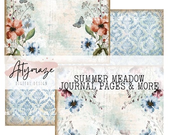 SUMMER MEADOW Journal pages & ADD on . ( 11" x 8") Bonus Tn Pages. Watercolour, vintage journal, junk journal,printable,floral