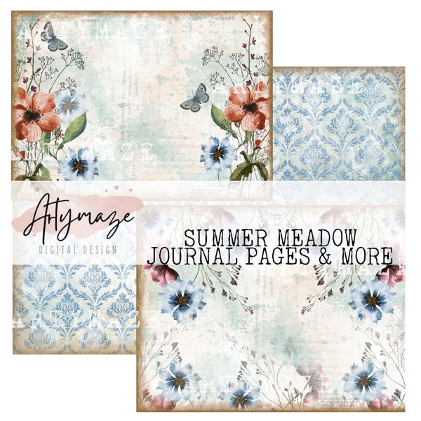 SUMMER MEADOW Journal pages & ADD on . ( 11" x 8") Bonus Tn Pages. Watercolour, vintage journal, junk journal,printable,floral