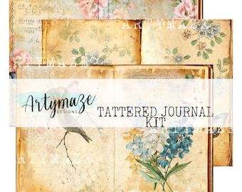 TATTERED JOURNAL KIT  8.250" X 11" , vintage, worn, butteerflies,birds,flowers, junk journal,printable junk journal, printable
