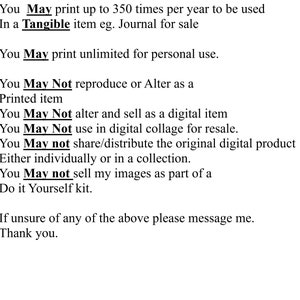 May include: Text-based image outlining the terms of use for a digital product. The text states that the product can be printed up to 350 times per year for tangible items, unlimited for personal use, and cannot be reproduced, altered, or sold as a digital item.