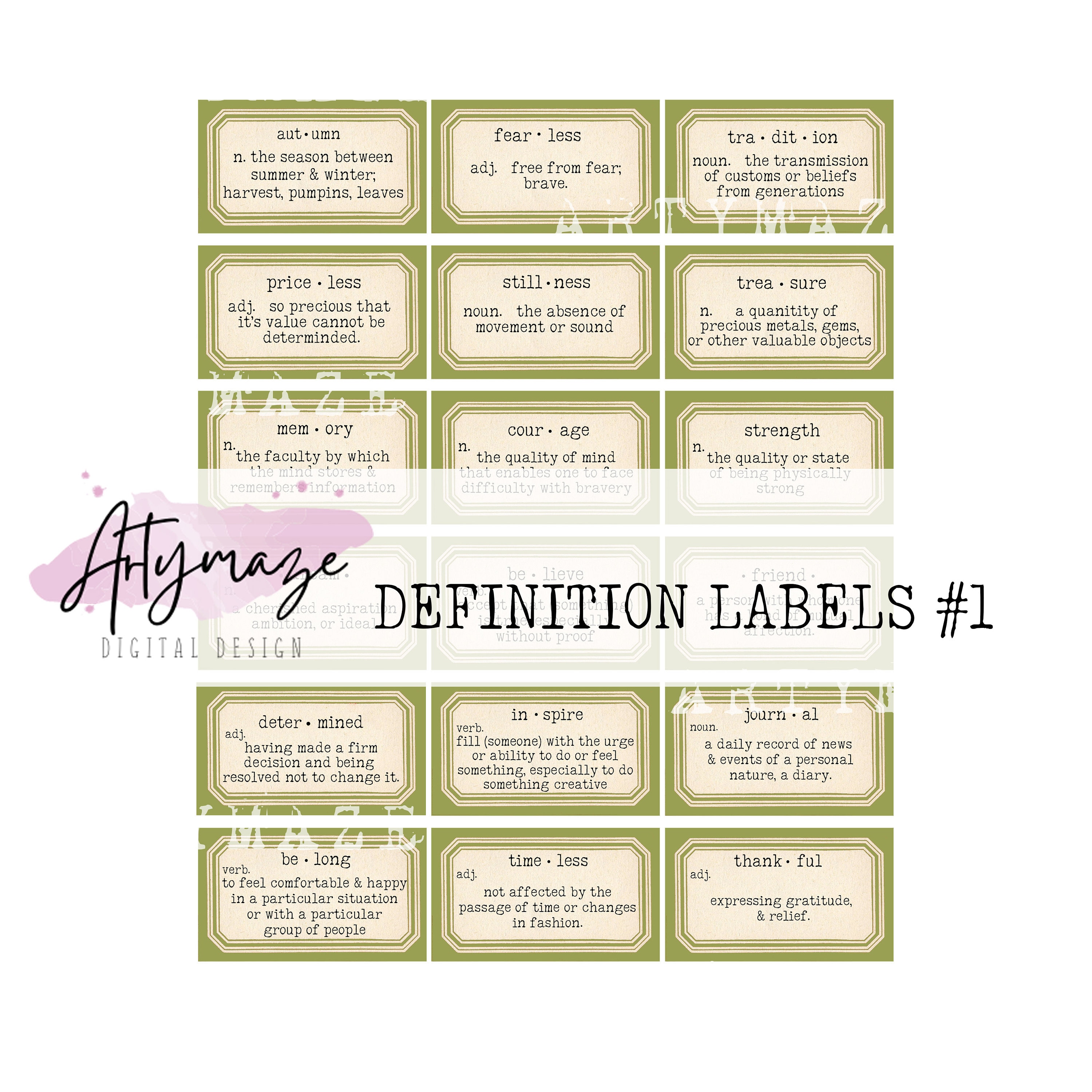 DEFINITION LABELS in 6 Colour Ways & Bonus Blank Labels Script Etsy