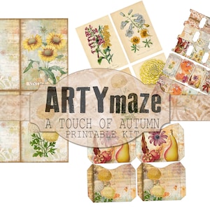 May include: A printable kit for crafting with an autumn theme. The kit includes images of sunflowers, pears, pomegranates, and other fall foliage. The kit also includes a banner with the text "ARTYmaze A TOUCH OF AUTUMN PRINTABLE KIT".
