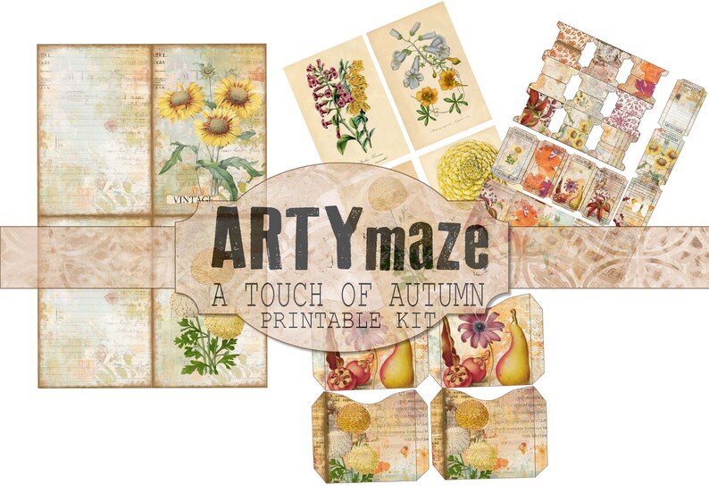 May include: A printable kit for crafting with an autumn theme. The kit includes images of sunflowers, pears, pomegranates, and other fall foliage. The kit also includes a banner with the text "ARTYmaze A TOUCH OF AUTUMN PRINTABLE KIT".
