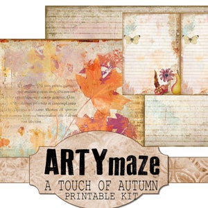May include: A printable kit with a fall theme. The kit includes three pages with a vintage look. One page features a yellow flower, a second page features a red and orange leaf, and the third page features a pear and a flower. The kit is titled "ARTYmaze A TOUCH OF AUTUMN PRINTABLE KIT".