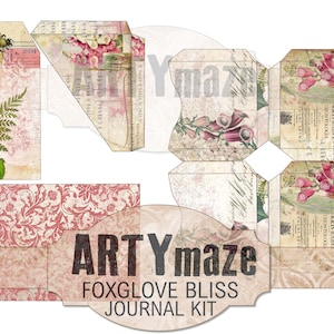 K&ouml;nnte beinhalten: Ein digitales Journal-Kit im Vintage-Stil mit rosa und wei&szlig;en Blumenillustrationen, einer Biene und dem Text "ARTYmaze FOXGLOVE BLISS JOURNAL KIT".