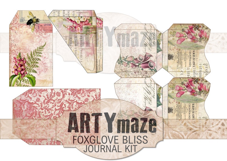 K&ouml;nnte beinhalten: Ein digitales Journal-Kit im Vintage-Stil mit rosa und wei&szlig;en Blumenillustrationen, einer Biene und dem Text "ARTYmaze FOXGLOVE BLISS JOURNAL KIT".