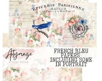 FRENCH BLEU PAPERS, including portrait, junk journal, french, blue, paper craft, journal, printable, scrapbooking