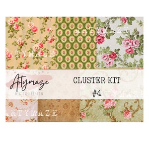 May include: A digital paper pack with a cluster of six floral patterns. The patterns feature pink roses, green leaves, and a variety of backgrounds, including beige, green, and white. The pack is labeled "Cluster Kit #4" and is a digital design by Artymaze.