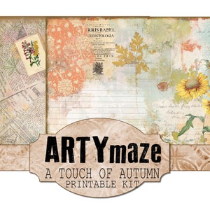 May include: A printable kit for crafting with a vintage aesthetic. The kit features a variety of papers with floral patterns, text, and lined paper. The papers are in shades of beige, brown, blue, and green. The kit also includes a title card with the text "ARTYmaze A TOUCH OF AUTUMN PRINTABLE KIT".