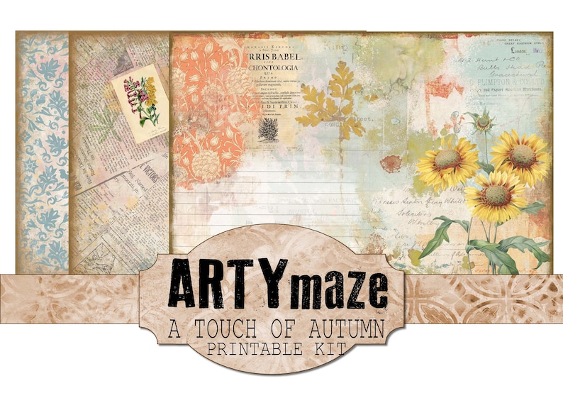 May include: A printable kit for crafting with a vintage aesthetic. The kit features a variety of papers with floral patterns, text, and lined paper. The papers are in shades of beige, brown, blue, and green. The kit also includes a title card with the text "ARTYmaze A TOUCH OF AUTUMN PRINTABLE KIT".