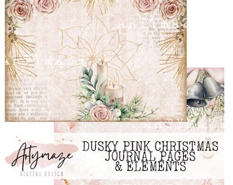 DUSKY PINK CHRISTMAS Journal pages & Elements. 1122,  Plus 9 Page Background Bonus.  Printable journal, pink Christmas journal