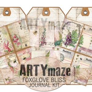 K&ouml;nnte beinhalten: Ein digitales Collage-Set zum Scrapbooking und Journaling mit Vintage-&Auml;sthetik, floralen Mustern, Bienen und Text. Das Set tr&auml;gt den Titel "Foxglove Bliss Journal Kit" und wurde von Artymaze entworfen.