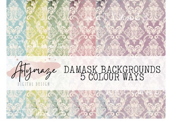 DAMASK BACKGROUND PAPERS  4 patterns in 5 Colourways. slightly grunge.  collage papers, junk journal digital kits,  printable, budget crafts