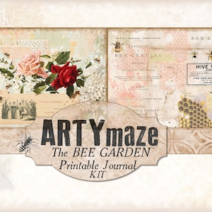 Può includere: Un kit di diario stampabile con un'estetica vintage con un tema da giardino di api. Il kit include immagini di api, fiori e favi. Il testo "ARTYmaze The BEE GARDEN Printable Journal KIT" è visualizzato su uno stendardo marrone.