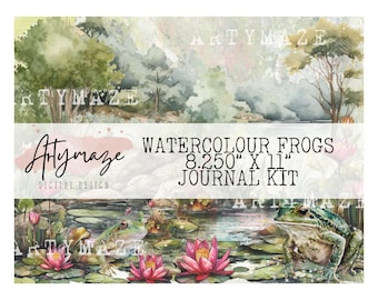 WATERCOLOUR FROGS 8.250" X 11" JOURNAL Kit, frogs, pond, watercolour, digital frogs, junk journal,printable junk journal, printable