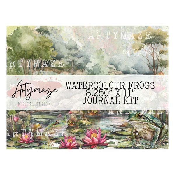 WATERCOLOUR FROGS 8.250" X 11" JOURNAL Kit, frogs, pond, watercolour, digital frogs, junk journal,printable junk journal, printable