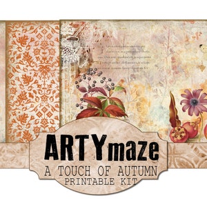 May include: A printable kit for crafting with an autumn theme. The kit features a brown, orange, and white patterned background with a pear, berries, and a butterfly. The text "ARTYmaze A TOUCH OF AUTUMN PRINTABLE KIT" is on a brown label.