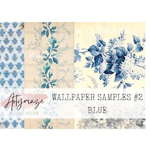 Pode incluir: Uma colagem digital de quatro amostras de papel de parede com padrões azuis e brancos. Os padrões incluem um design geométrico, um design floral e dois designs florais diferentes com flores azuis sobre um fundo branco. O texto "Wallpaper Samples #2 BLUE" está na parte inferior da imagem.