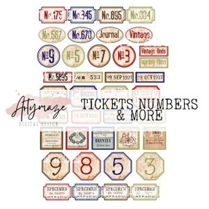 TICKET & NUMBERS Labels Set 4 ideal for COLLAGE Labels Fussycuts, Vintage labels,junk journal ephemera, collage ephemera