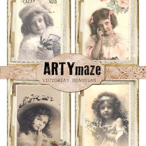 May include: Four vintage photographs of young girls in ornate frames. Each photo features a different girl with a different expression and pose. The photos are set against a background of lace and floral patterns.