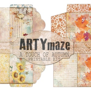 May include: A printable kit for crafting with a fall theme. The kit includes papers with autumn leaves, sunflowers, and a damask pattern. The title of the kit is "ARTYmaze A Touch of Autumn Printable Kit".