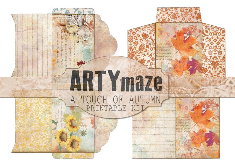 May include: A printable kit for crafting with a fall theme. The kit includes papers with autumn leaves, sunflowers, and a damask pattern. The title of the kit is "ARTYmaze A Touch of Autumn Printable Kit".