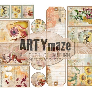 May include: A printable kit with a vintage autumn theme. The kit includes tags, circles, and a banner with the text "ARTYmaze A TOUCH OF AUTUMN PRINTABLE KIT". The images feature butterflies, sunflowers, and other floral designs in shades of yellow, brown, and red.
