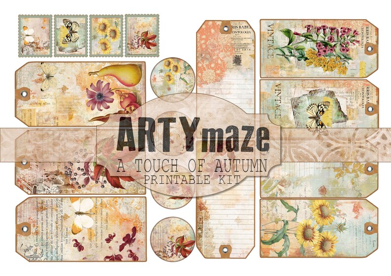 May include: A printable kit with a vintage autumn theme. The kit includes tags, circles, and a banner with the text "ARTYmaze A TOUCH OF AUTUMN PRINTABLE KIT". The images feature butterflies, sunflowers, and other floral designs in shades of yellow, brown, and red.