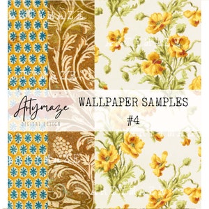 May include: Four digital wallpaper samples showcasing different patterns. The top left sample features a yellow and blue geometric design. The top right sample features a brown floral design. The bottom left sample features a yellow and blue geometric design. The bottom right sample features a white background with yellow flowers. The text "Wallpaper Samples #4" is in the centre of the image.