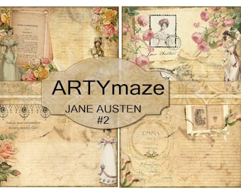 May include: Four vintage-style digital paper backgrounds featuring floral designs, text, and illustrations. The papers are in shades of beige, brown, and pink. The text includes "Indulge your imagination in every possible flight", "Jane Austen", "ARTYmaze", "JANE AUSTEN", "#2", and "EMMA Vol. I".