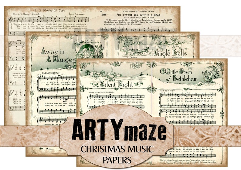 Printable VINTAGE CHRISTMAS MUSIC Papers  & Bonus Tags Artymaze 