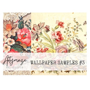 Pode incluir: Uma colagem de design digital com quatro padrões de papel de parede floral vintage. Os padrões apresentam flores rosa, vermelhas, amarelas e verdes sobre um fundo creme. O texto "Wallpaper Samples #3" está na parte inferior da imagem.