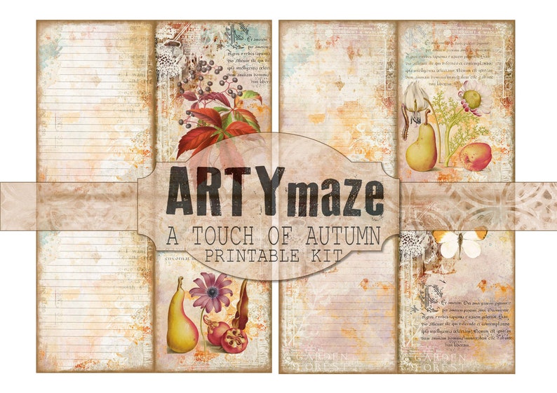 May include: A printable kit with a vintage aesthetic featuring a title card that reads "ARTYmaze A TOUCH OF AUTUMN PRINTABLE KIT". The kit includes four pages with a distressed background and images of pears, flowers, and leaves.