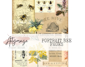 PORTRAIT BEE PAGES, junk journal, tall skinny journal, printable,digital kit, Honey bee, beekeeper, vintage, A4