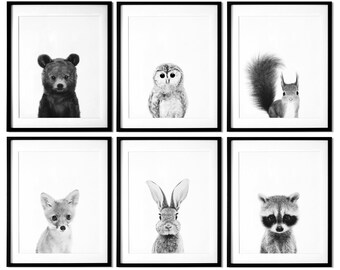 Black and White, Woodland nursery prints, Set of 6 Prints, Woodland Nursery decor, Nursery wall art, Baby Animal prints for nursery