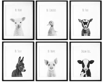 Black and White Farm nursery prints, Set of 6, Farm Nursery decor, Farm Baby animals for Nursery, Nursery Wall Art