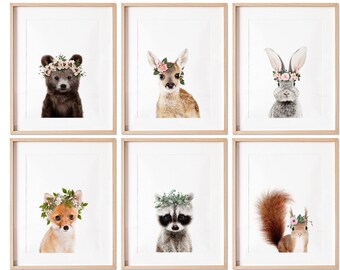 Woodland nursery prints, Animals with Flower Crown, Set of 6 Prints, Woodland Nursery decor, Nursery wall art,Baby Animal prints for nursery