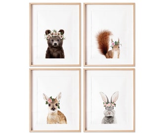 Woodland nursery prints, Animals with Flower Crown, Set of 4 Prints, Woodland Nursery decor, Nursery wall art,Baby Animal prints for nursery