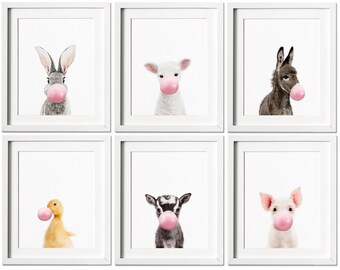Pink or Blue Bubble Gum, Farm nursery prints, Set of 6, Farm Nursery decor, Farm Baby animals for Nursery, Nursery Wall Art