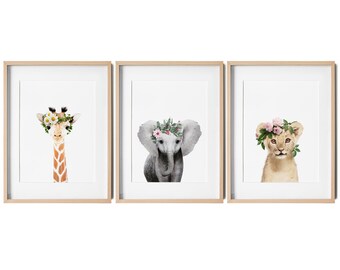 Flower Crown Safari Nursery Prints - Set of 3 Prints - Nursery Wall Decor