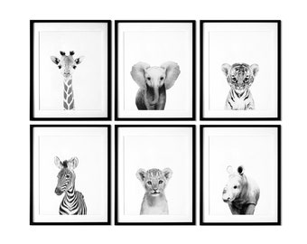 Black and White Safari Nursery Prints - Set of 6 - Safari Nursery Decor