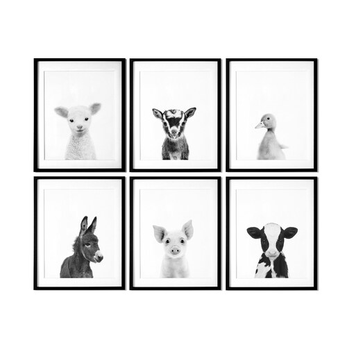 Set of 6 Black and White Baby Animal Prints Nursery Room Etsy