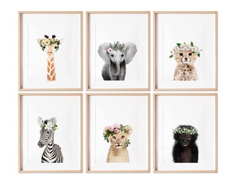 Flower Crown Safari Nursery Prints -  Set of 6 Prints -  Nursery Wall Decor for Girls room