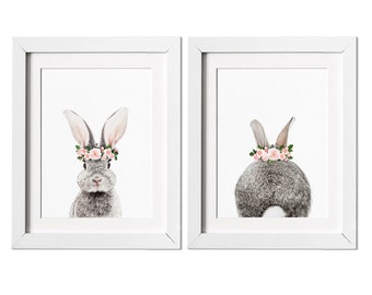 Flower Crown Bunny Nursery Prints - Set of 2 - Nursery Wall Decor