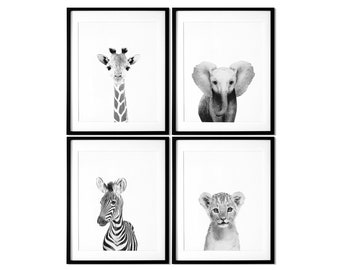 Black and White Safari Nursery Prints - Set of 4 - Safari Nursery Decor