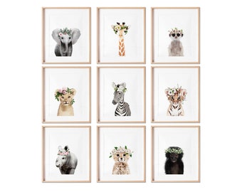 Flower Crown Safari Nursery Prints - Set of 9 - Jungle Nursery Decor